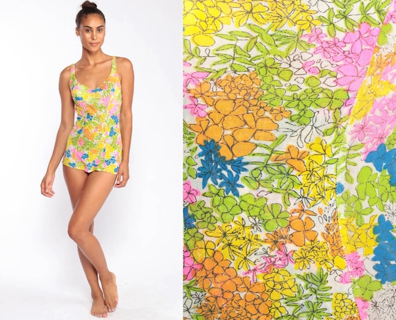 70s Swimsuit Floral One Piece Bathing Suit Hippie Boho Swim Suit Pin Up SKIRTED Mod Vintage Pinup Bohemian 60s Rose Marie Reid Small Medium