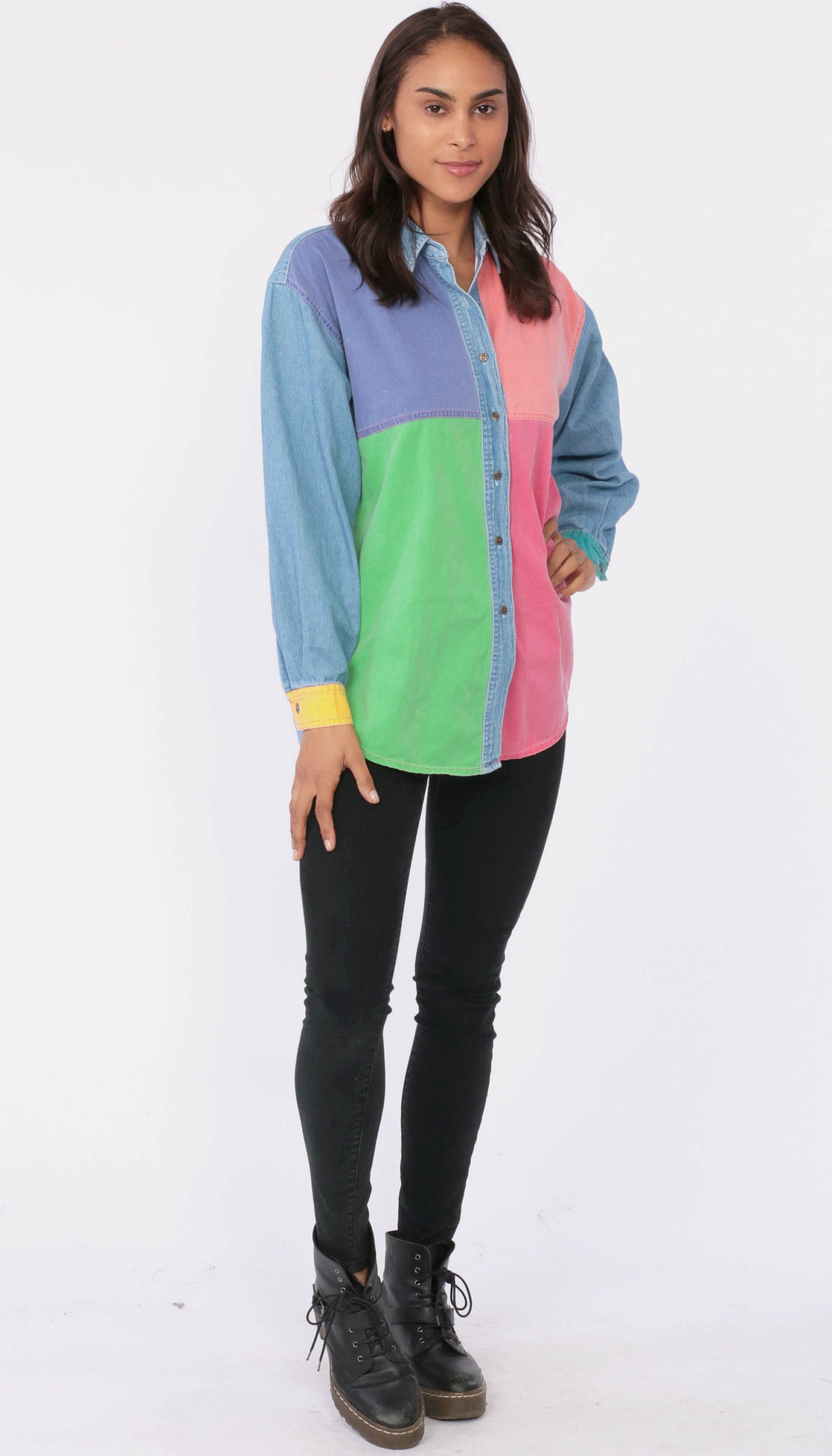 Color Block Jean Shirt 90s Long Sleeve Shirt Denim Top Pink Button Down Button Up Shirt Grunge