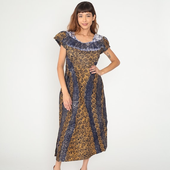 Tie Dye Psychedelic Dress Y2K Cotton Cap Sleeve Geometric Circle Blue White Shibori Style Summer Garden Muu Muu Vintage Casual Medium M