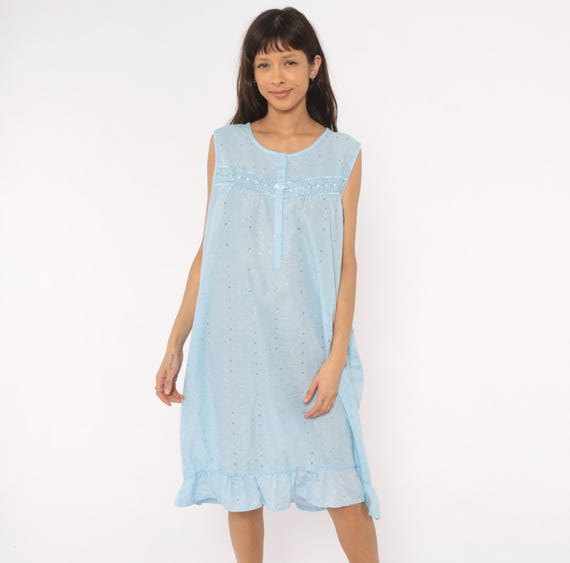 80s Eyelet Nightgown Sky Blue Sleeveless Babydoll Dress Lace Blue Button Front Cottagecore Prairie Gown Summer Nightdress Powder Large L