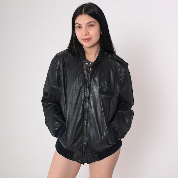 Leather Bomber Jacket 80s Black Leather Jacket Biker Moto Coat Motorcycle Jacket Retro Rocker Distressed Vintage 1980s Men's 42 Large