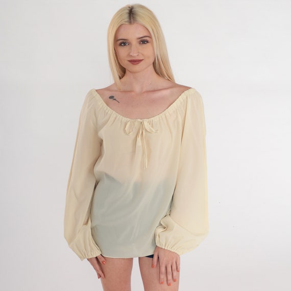 Cream Peasant Blouse 80s Semi-Sheer Top Long Balloon Sleeve Shirt Billowy Bohemian Hippie Flowy Retro Cottagecore Vintage 1980s Medium M