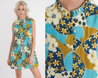 60s Mod Floral Dress Groovy Mini Dress Retro Flower Print Shift Ruffled High Neck Sixties Twiggy Go Go Sleeveless Blue Vintage 1960s Small S