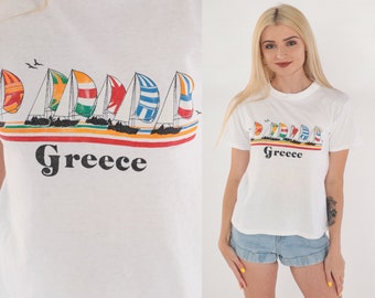Greece T-Shirt 80s Sailing Shirt Ocean Sailboat Graphic Tee Nautical Tourist Travel TShirt Single Stitch White Vintage 1980s Extra Small xs