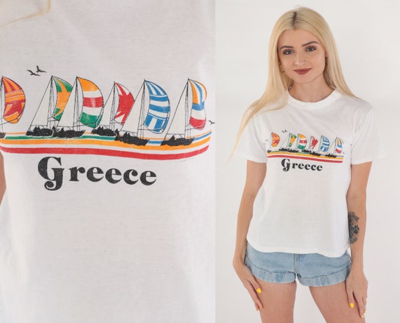 Greece T-Shirt 80s Sailing Shirt Ocean Sailboat Graphic Tee Nautical Tourist Travel TShirt Single Stitch White Vintage 1980s Extra Small xs