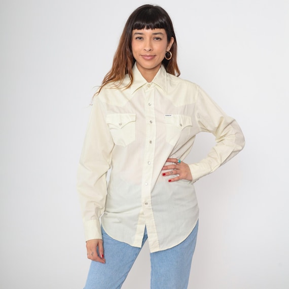 Western Shirt 70 Pale Yellow Pearl Snap Shirt Long Sleeve Button Up Southwest Plain Rodeo Cowboy Vintage 1970s Kennington Mens Medium