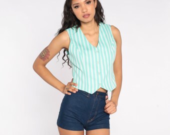 Striped Green Vest 70s Tank Top Boho Crop Top Polyester Waistcoat 1970s Bohemian Vintage Festival Button Up Tank Top Professor Small S