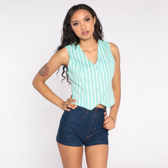 Striped Green Vest 70s Tank Top Boho Crop Top Polyester Waistcoat 1970s Bohemian Vintage Festival Button Up Tank Top Professor Small S