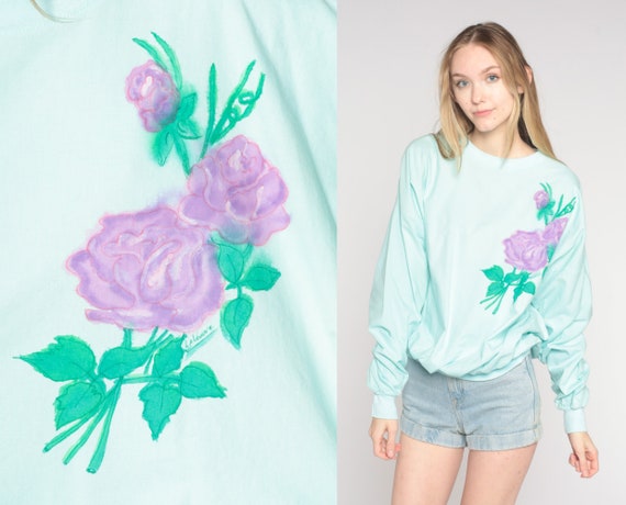 Rose Sweatshirt 80s Mint Blue Floral Sweatshirt A… - image 1