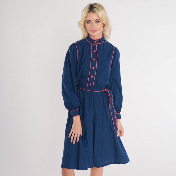Navy Blue Shirtwaist Dress 80s Button up Midi Dress Long Puff Sleeve High Waisted Mock Neck Belted Knee Length Vintage 1980s Extra Small xs