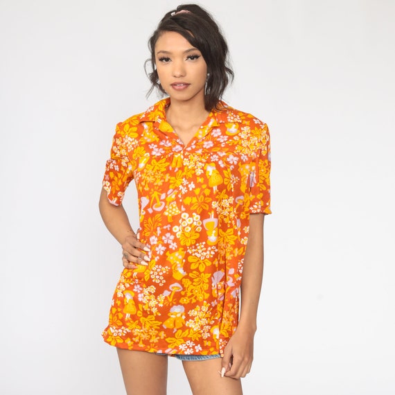 Psychedelic Mushroom Shirt 70s Hippie Shirt Boho Top Novelty Blouse Psychedelic Print Disco Tunic 1970s Vintage Short Sleeve Orange Medium