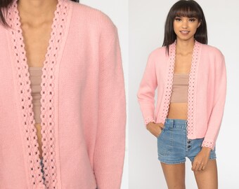 Pink Cardigan Sweater 70s Open Front Baby Pink Pastel Sweater Vintage Crochet Acrylic Knit 1970s Grandma Medium M