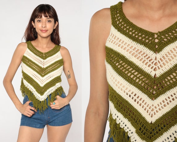 70s Knit Tank Top Sheer Green Cream Striped Shirt Hippie Fringe Blouse Retro Boho Festival Bohemian Summer Sleeveless Vintage 1970s 2xs xxs