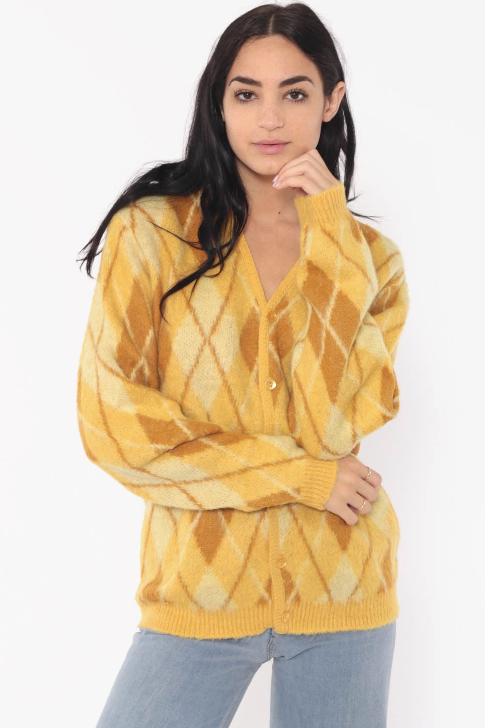 70s Argyle Cardigan Sweater -- Plaid Wool Sweater Mohair DIAMOND PRINT Yellow Grunge Button Up 