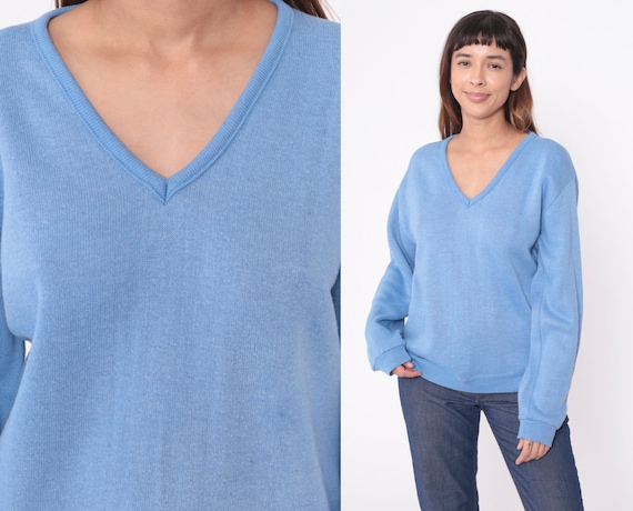 Light Blue Sweater 80s V Neck Knit Pullover Sweat… - image 1