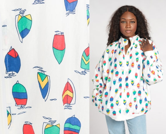 Windsurfing Windbreaker 90s Nautical Zip Up Jacket Retro Lightweight Shell Sailing Boat Print Streetwear Nylon White Vintage 1990s Mens xl