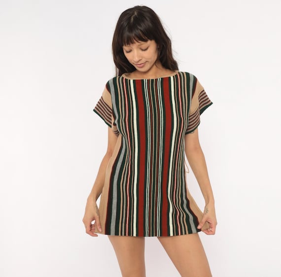 70s Striped Knit Tunic Burgundy Olive Cream Vertical Stripe Short Sleeve Boat Neck Pullover Side Slit Vintage Earth Tone Top Small S