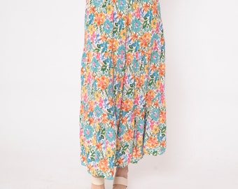 Tiered Floral Skirt Y2K Bright Maxi Skirt Flower Print Boho 00s Long Vintage Hippie Pocket Skirt Rayon Blue Orange Pink Small