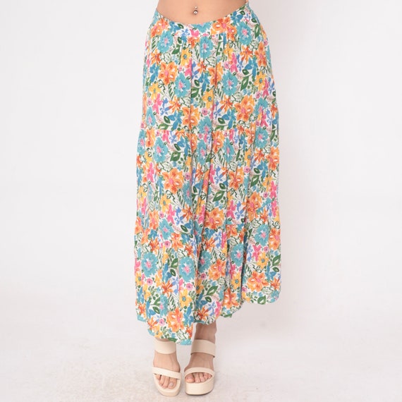 Tiered Floral Skirt Y2K Bright Maxi Skirt Flower Print Boho 00s Long Vintage Hippie Pocket Skirt Rayon Blue Orange Pink Small