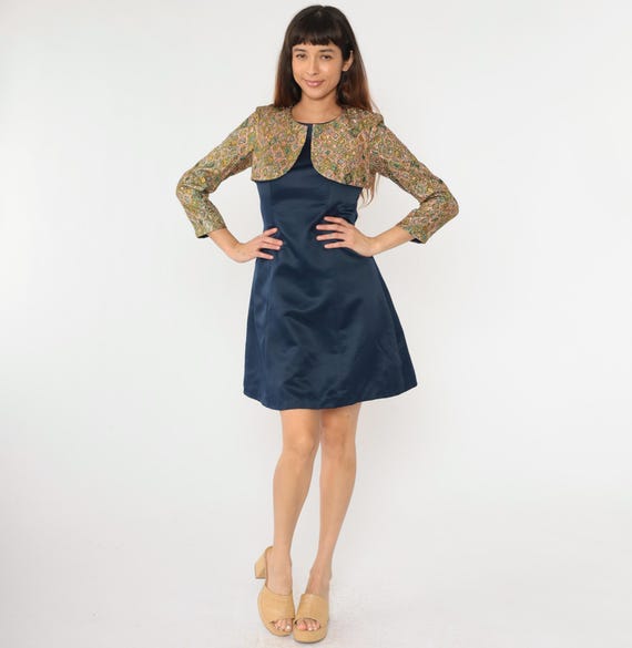 70s Metallic Party Dress Geometric Attached Bolero Jacket Gold Navy Blue Mod Evening Vintage Long Sleeve Cocktail 1970s Sheath Retro Small
