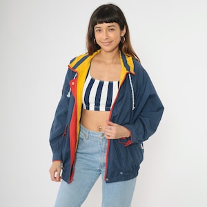 Vintage Blue Windbreaker 80s Zip Up Jacket Red Yellow Trim Retro Simple Basic Minimalist Sporty Coat 1980s Oversized Medium M