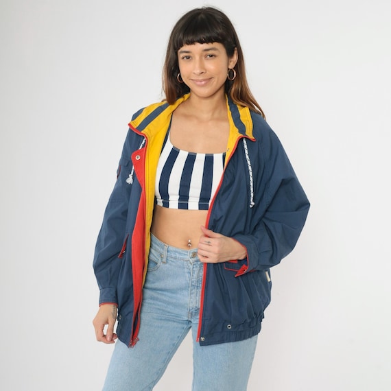 Vintage Blue Windbreaker 80s Zip Up Jacket Red Yellow Trim Retro Simple Basic Minimalist Sporty Coat 1980s Oversized Medium M