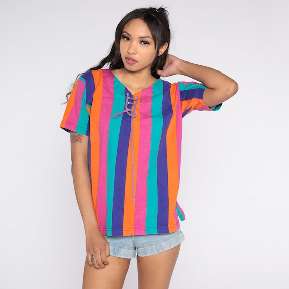 Colorful Striped Top 90s Short Sleeve Blouse Retro Boho Lace Up V Neck Shirt Pink Orange Blue Purple Hipster Summer Vintage 1990s Medium M