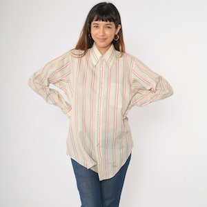Jaren 70 gestreept overhemd met knopen vintage puntige kraag gebroken wit semi-transparant koraalgeel blauwe top Boho jaren 70 lange mouw medium 15 1/2-35