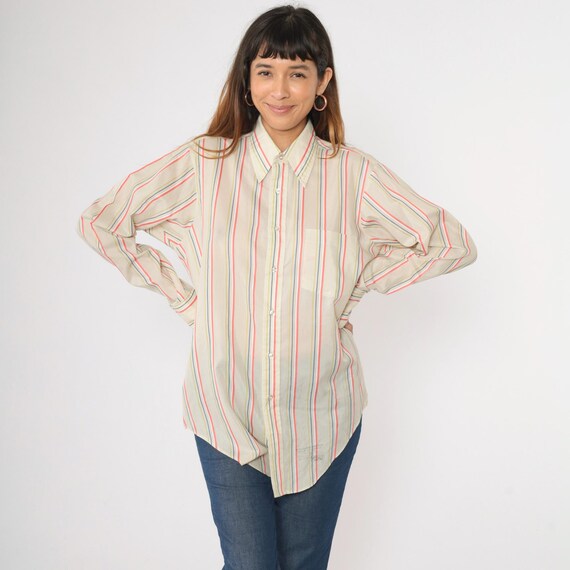 70s Striped Button Up Shirt Vintage Pointed Collar Off-White Semi-Sheer Coral Yellow Blue Top Bohemian 1970s Long Sleeve Medium 15 1/2 - 35