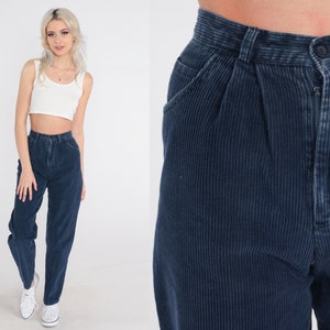 Pleated Corduroy Pants 80s Navy Blue High Waisted Trousers Mom Pants High Waist 1980s Tapered Relaxed Vintage 2xs xxs 23 image 1
