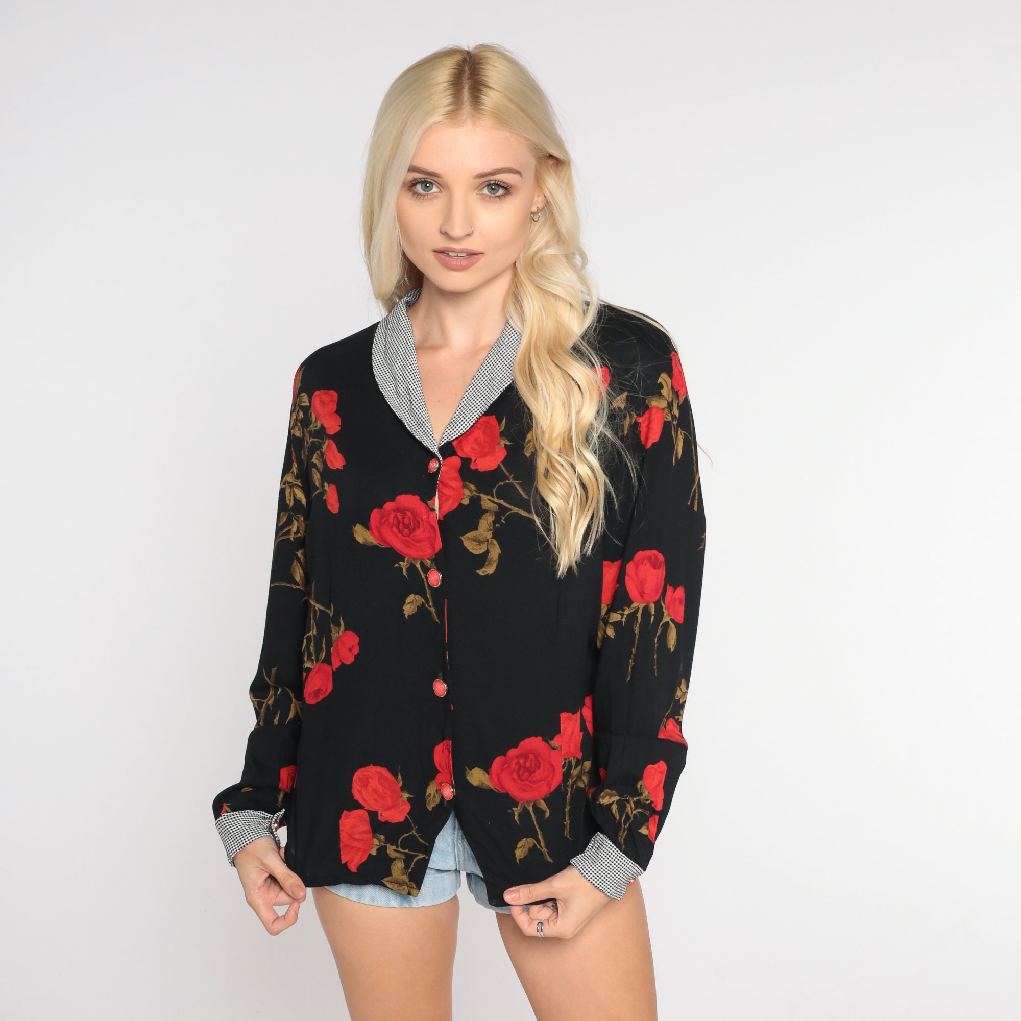 black button up with red roses black button up with red roses