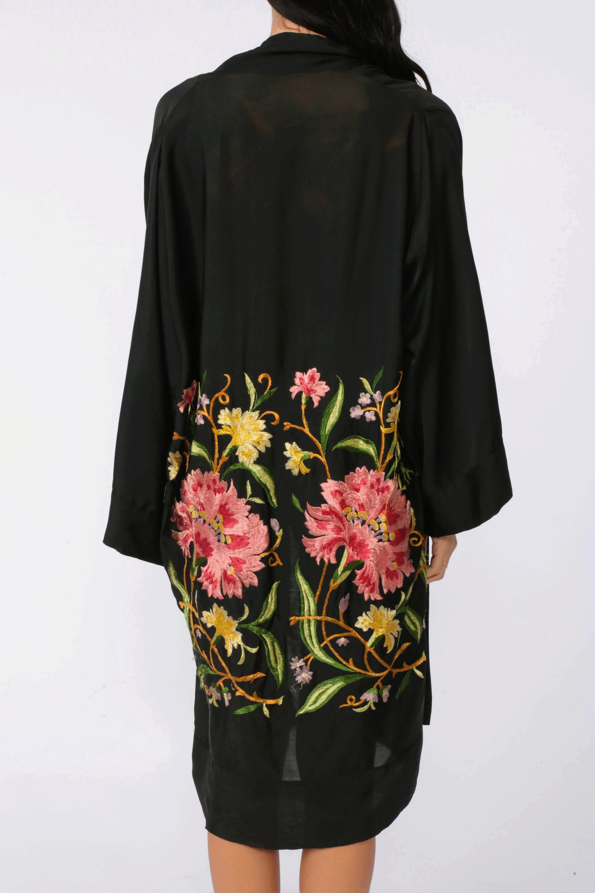 Floral Kimono Robe Jacket Embroidered Dressing Gown Bohemian Wrap Black