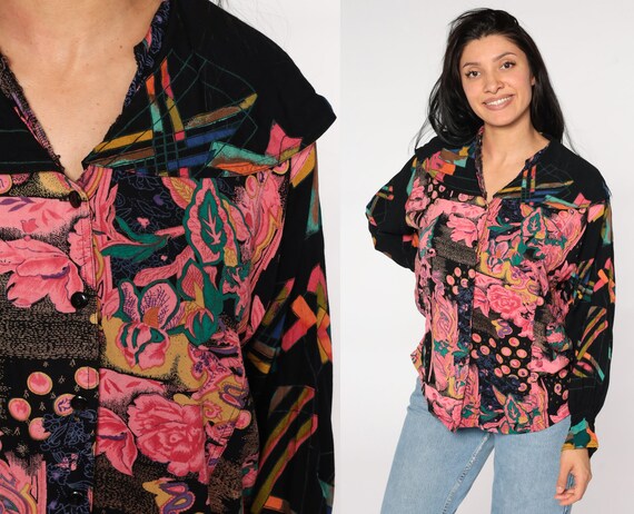 Black Floral Blouse 90s Button Up Shirt Pink Geometric Shirt Long Sleeve Top Grunge Boho 1990s Vintage Bohemian Oversized Large L