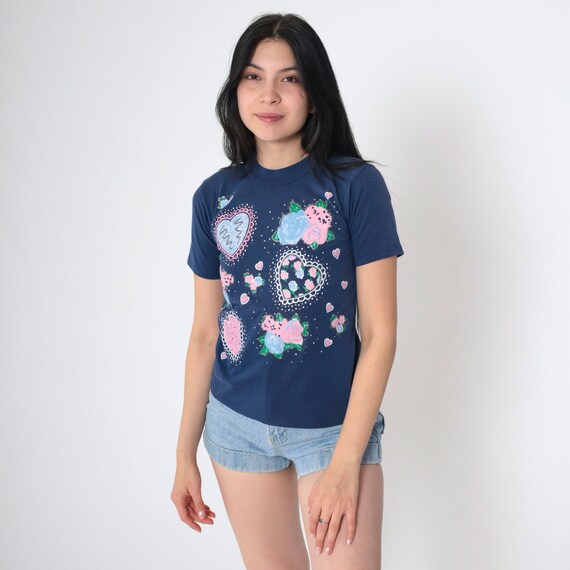 Floral Heart T Shirt 90s Navy Blue Glitter Paint Retro TShirt Vintage T Shirt Glittery Crewneck Tee Graphic Print 1990s 2xs xxs