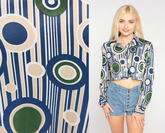 70s Crop Top Button up Blouse Striped Polka Dot Print Hippie Boho Cropped Shirt Groovy Disco Long Sleeve Blue Green Vintage 1970s Medium M
