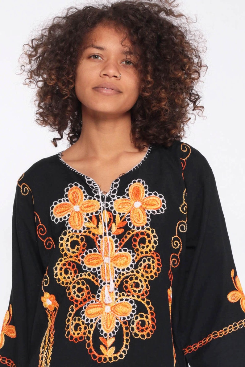Floral Embroidered Blouse Floral Ethnic Black Hippie Shirt Tunic Top Boho Indian 1970s Bohemian Festival Long Sleeve Extra Small xs
