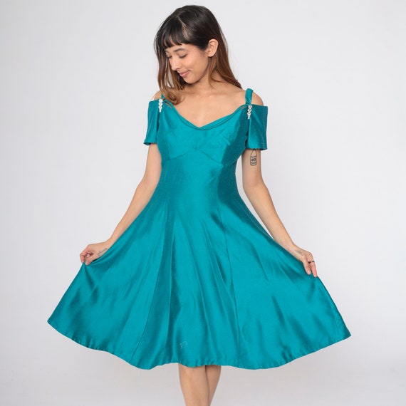 80s Teal Party Dress Rhinestone Trim Off Shoulder Dress A-line Midi Cocktail Fit and Flare Strappy Empire Waist Vintage 1980s Small 6
