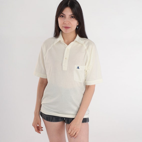 Catamaran Polo Shirt 80s Off-White Collared Shirt Retro Boat Half Button Up Top Short Raglan Sleeve Preppy Collar Vintage 1980s Medium M