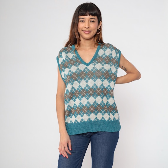 80s Turquoise Argyle Knit Vest Top Vintage Blue Sweater Vest Checkered Acrylic Wool Blend Sleeveless V Neck Nerd Sweater 1980s Large L