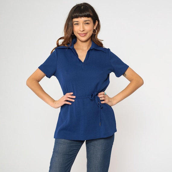 Vintage Dark Blue Johnny Collar Shirt 70s Ribbed Knit Polo Shirt Mod Belted Collared V Neck Top Short Sleeve Blouse Plain 1970s Large L