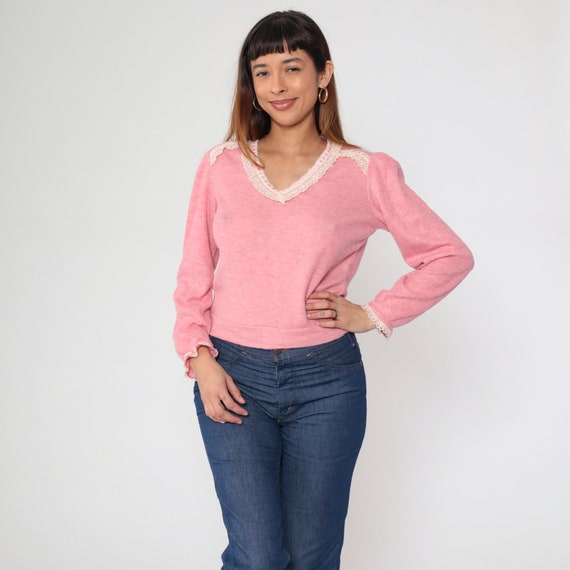 Pink Lace Trim Sweater Top 80s Boho Knit Blouse Bohemian Sweater V Neck Ribbon Top 1980s Pullover Vintage Jumper Romantic Small Medium