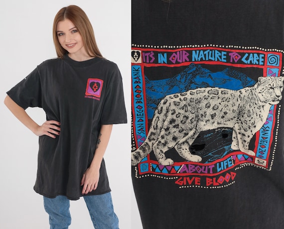San Diego Blood Bank Shirt 90s Snow Leopard T-Shirt Graphic Tee In Our Nature to Care Single Stitch Black Vintage 1990s Medium Large
