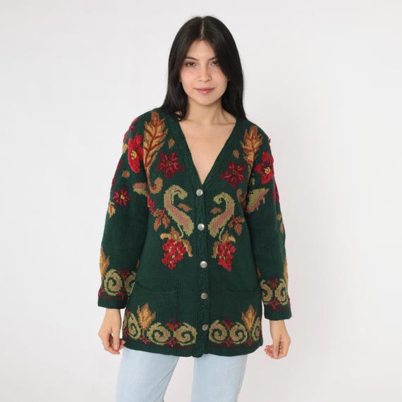 Vintage Laura Ashley Cardigan Green Wool Floral Sweater 90s Knit Button Up Retro Boho Cozy Fall Boho 1990s V Neck Fall Oversized Small S
