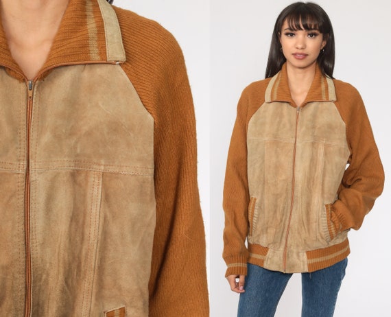 Suede Leather Sweater Jacket Brown Knit Boho Cardi