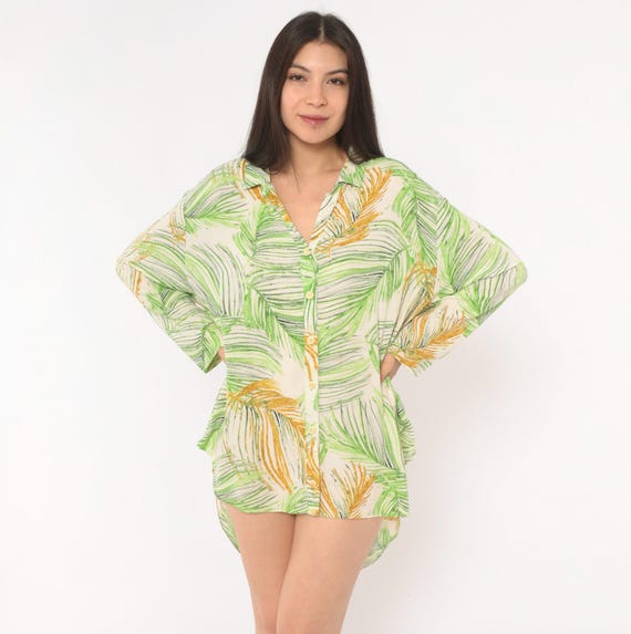 Palm Leaf Print Shirt 2000s Jams World Hawaiian Button Front Green Tropical Blouse Long Sleeve Camp Collar Rayon Beach Top Extra Large XL