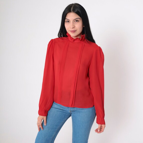 Red Ruffle Blouse 80s Pleated Top Semi-Sheer Long Puff Sleeve Shirt High Neck Ruffled Collar Secretary Retro Vintage 1980s Sauci Medium M