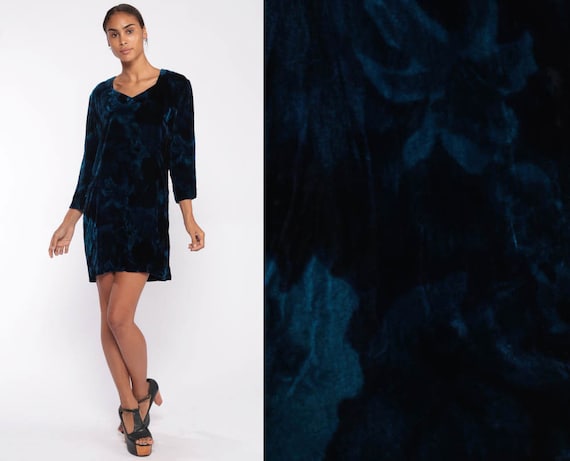 Blue Velvet Dress Floral Tie Dye 80s Grunge Party Mini Long Sleeve Shift Sheath 90s Cocktail Vintage Hippie Minidress Goth Medium