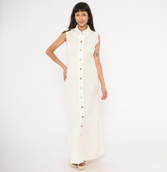 70s White Maxi Dress Sleeveless Collared Shirtdress Ivory Floor Length Column Gown Gold Buttons Cream Minimal Summer Shift Vintage Medium M