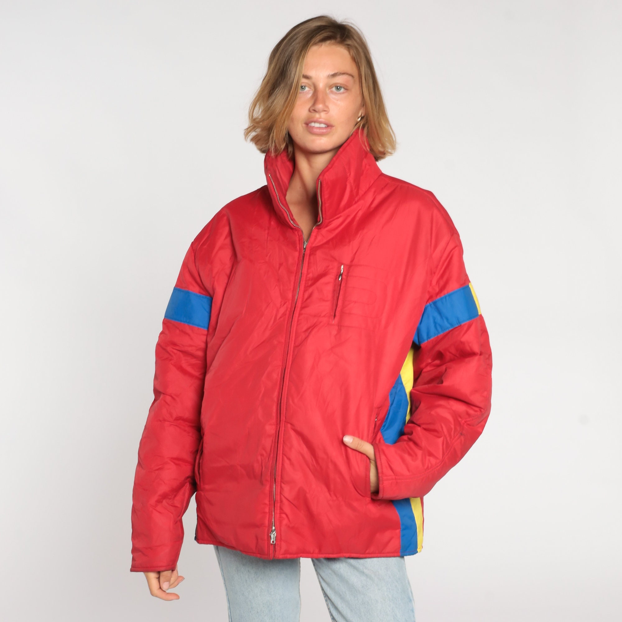 Red Ski Jacket 80s Striped Puffer Jacket Roffe Goose Down Jacket Puffy ...