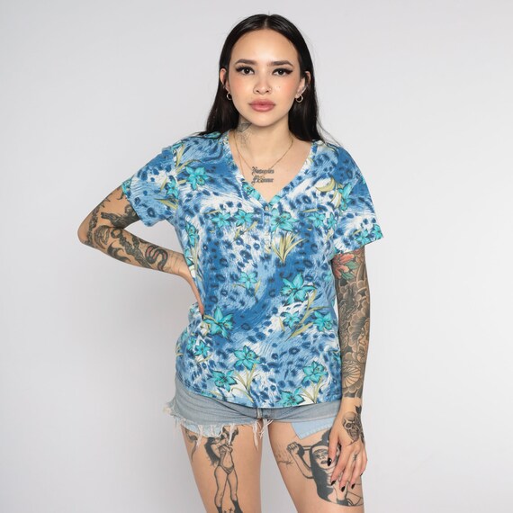 Tropical Blouse Floral Shirt Y2K Blue LEOPARD Button Up Shirt Animal Print Top Jungle V Neck 00s Henley Top Surfer Short Sleeve Small S